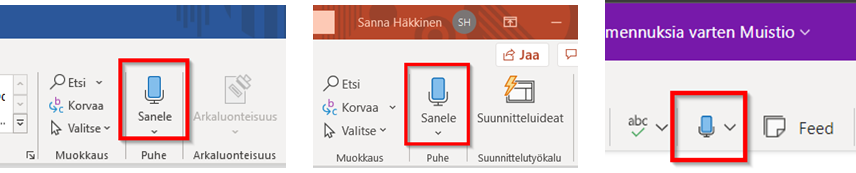 Dictation/Sanelu -button in different office programs.