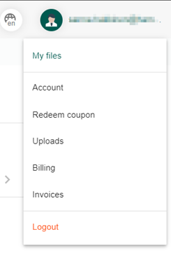 Behind profile picture are options Account, Redeem coupon,mUploads, Billing, Invoices and logout.