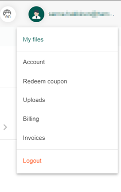 Profiilikuvan takaa avautuva valikko, jossa vaihtoehdot Account, Redeem coupon, Uploads, Billing, Invoices ja Logout.