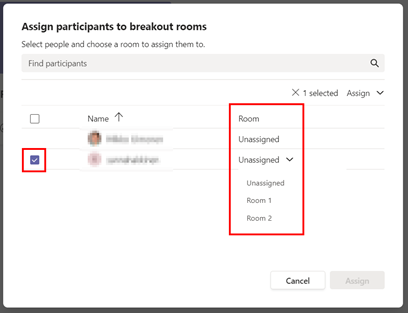 Dropdown menu shows if the person is not assigned to a breakout room with "Unassigned" text and below it there are all rooms in numbered order.