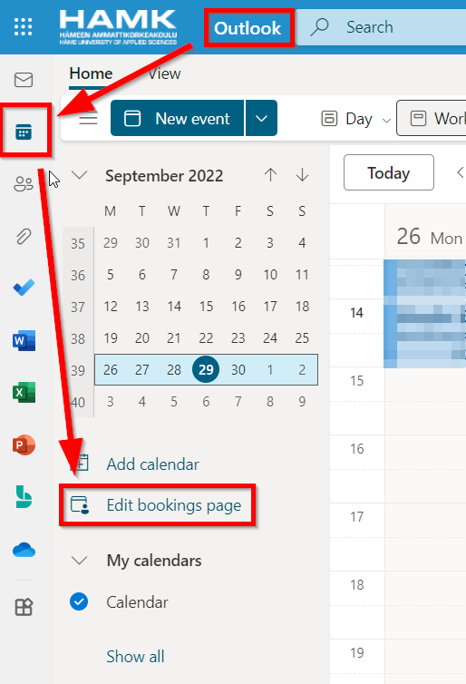 Outlook online M365 palvelun kalenteri, jonka alapuolella linkki ajanvaraussivun tekemiseen.