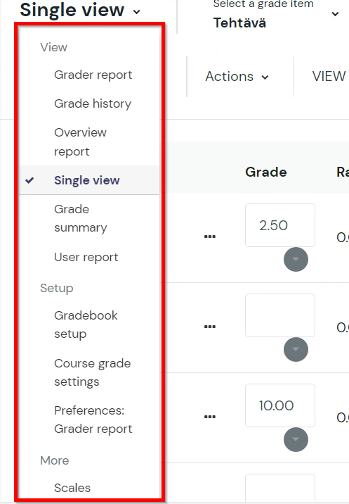 Evaluation book navigation drop-down menu