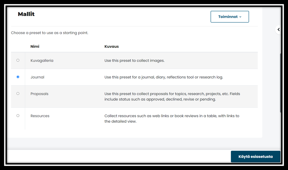 Listing of database activity presets