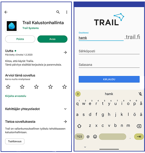 Google play sovelluskaupan Trail-asennusikkuna ja kirjautumisikkuna.