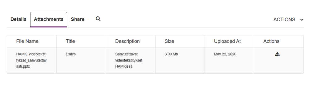 Attachments-välilehti avoinna videon katselunäkymässä ja liitetiedosto valmiina ladattavaksi omalle koneelle.