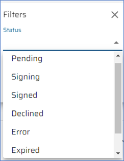 Dropdown list of Status-filter options: Pending, Signing, Signed, Declined, Error, Expired, Cancelled.