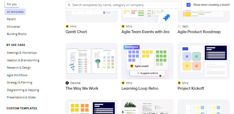 A screenshot showing the different templates and their categories in Miro.