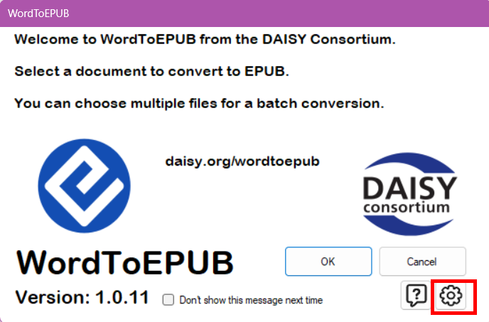 The WordToEPUB program settings are found under the gear icon located in the bottom right corner of the program window.