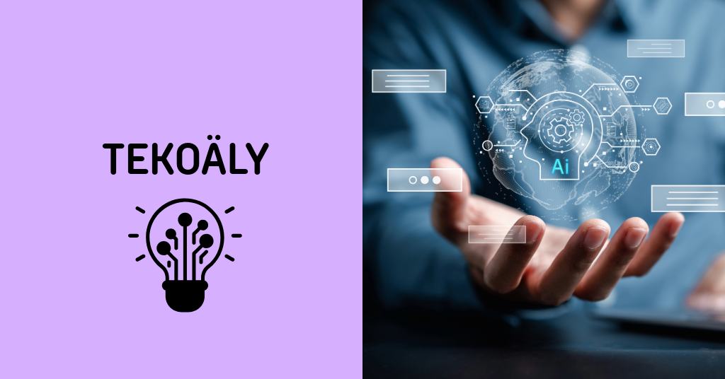bannerikuva, jossa vasemmalla teksti tekoäly ja lamppuikoni. Oikealla lähikuva kädestä, jossa abstrakti tekoälykuvio.
